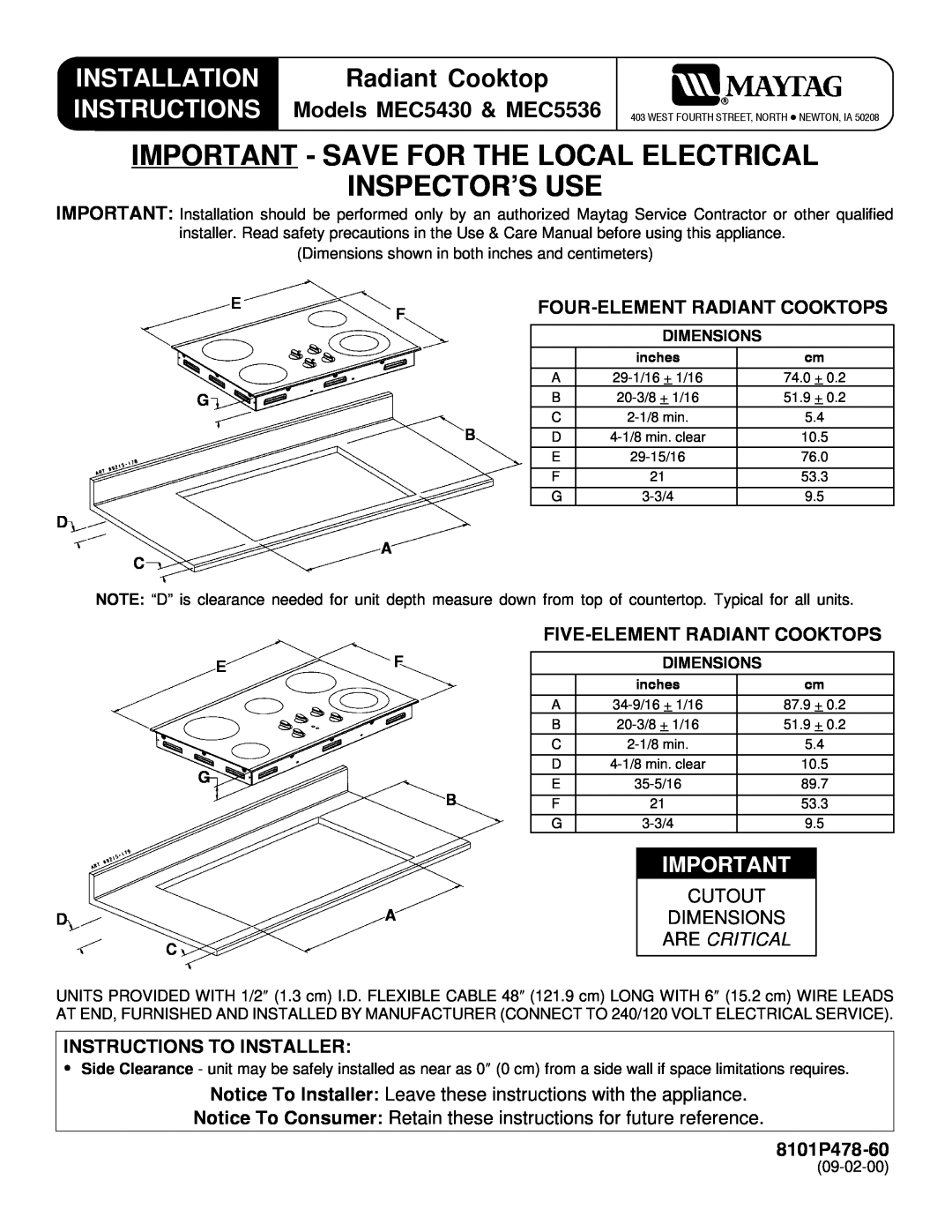 Maytag MEC5430, MEC5536 installation instructions Important- Save For The Local Electrical, Inspector’S Use, 8101P478-60 