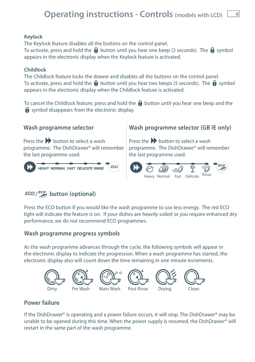 Maytag MEC7430W dimensions Wash programme progress symbols, Keylock, Childlock 