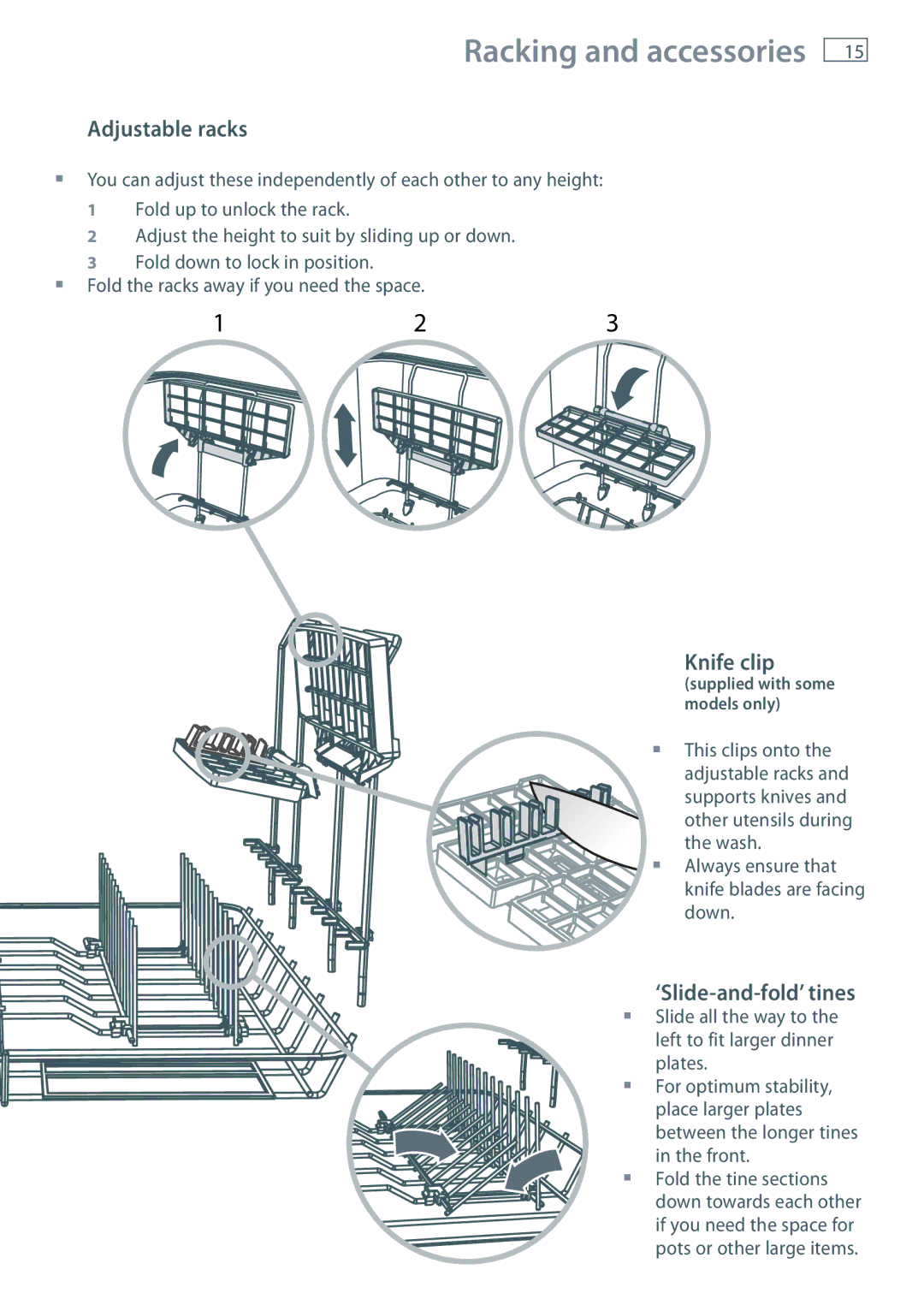 Maytag MEC7430W dimensions Adjustable racks, Knife clip, ‘Slide-and-fold’ tines 