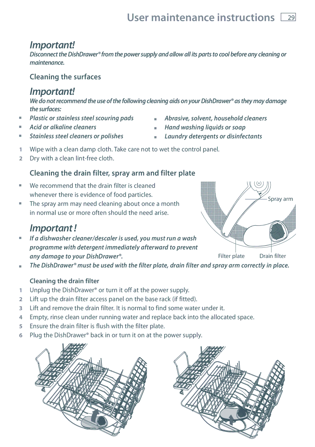 Maytag MEC7430W dimensions User maintenance instructions, Cleaning the surfaces, Cleaning the drain filter 