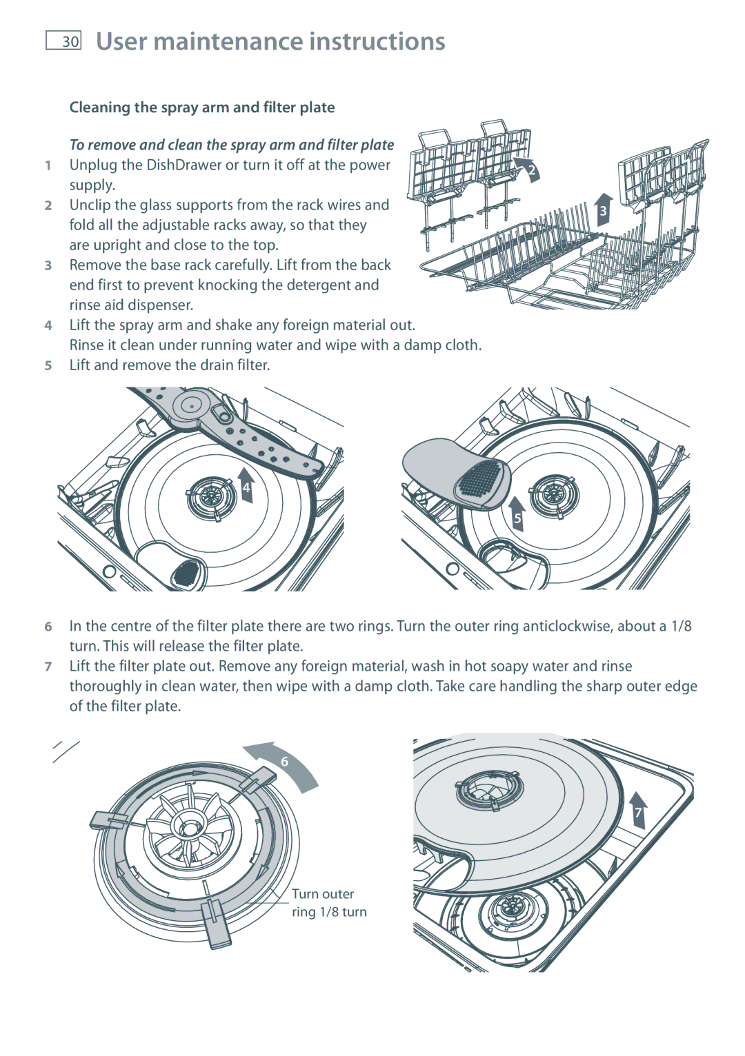 Maytag MEC7430W dimensions Cleaning the spray arm and filter plate, To remove and clean the spray arm and filter plate 