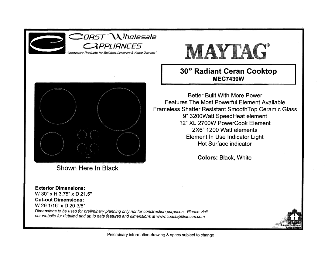 Maytag MEC7430W dimensions Radiant Ceran Cooktop, c,ORST ~hDlesale clPPLIRNCES, Shown Here In Black 
