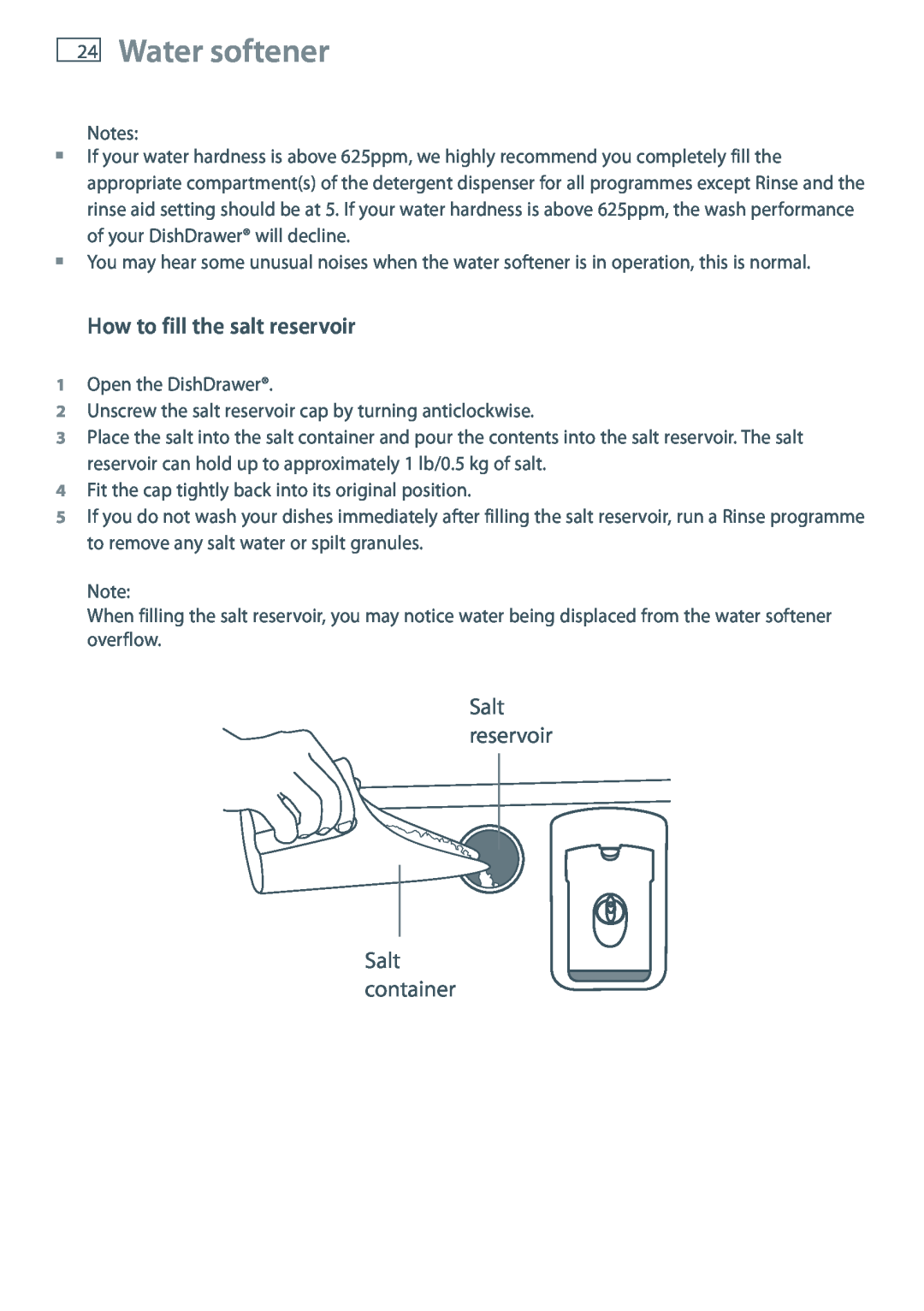 Maytag MEC7430W dimensions Water softener, How to fill the salt reservoir, Salt reservoir Salt container 