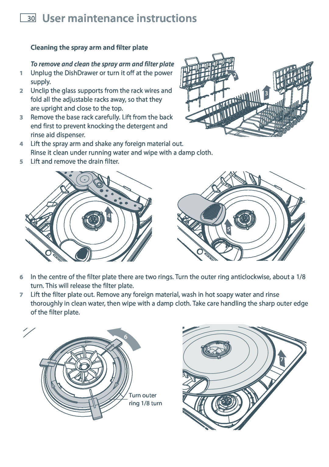 Maytag MEC7430W dimensions User maintenance instructions, To remove and clean the spray arm and filter plate 