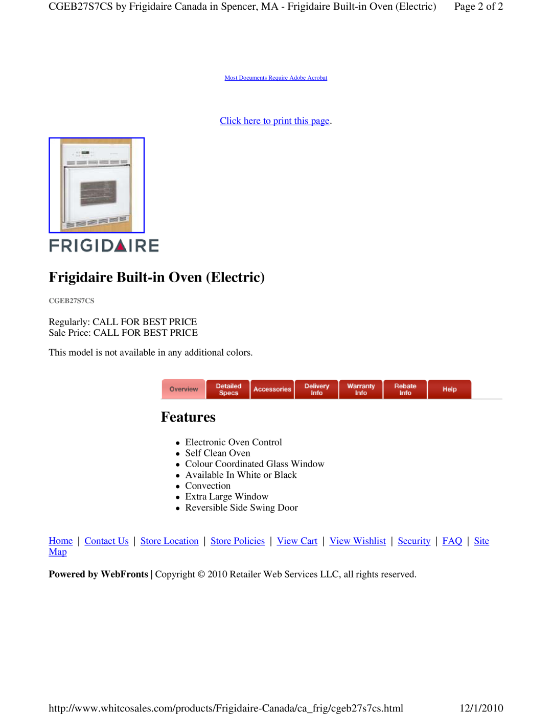 Maytag MEC7430W dimensions Frigidaire Built-in Oven Electric, Features, Click here to print this page 