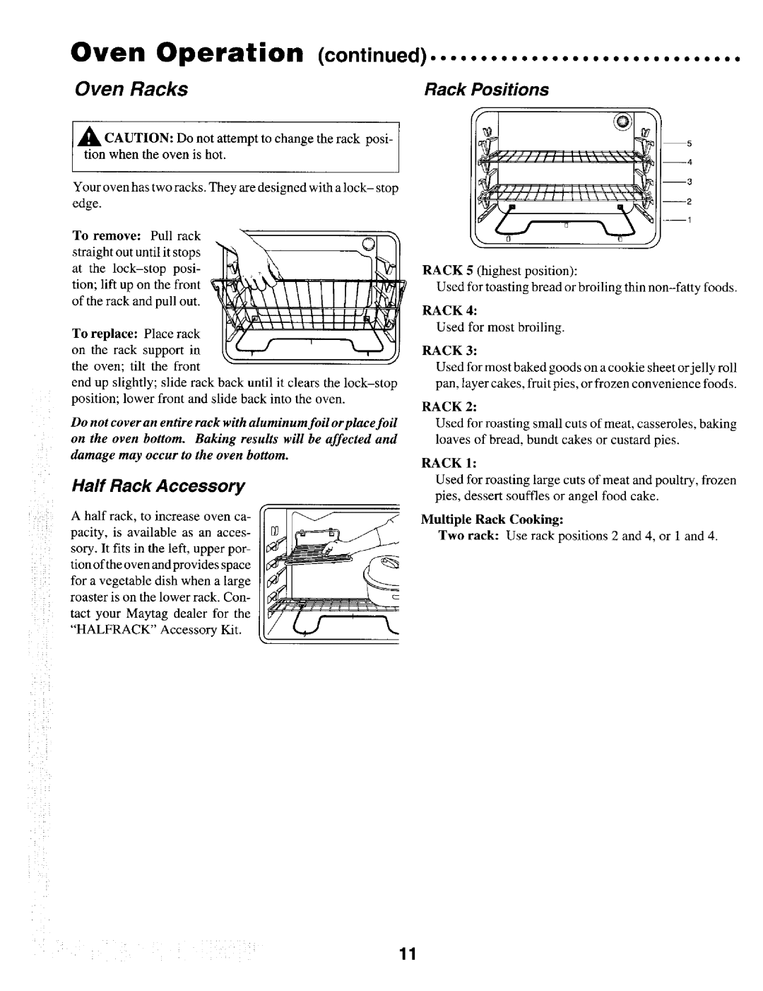 Maytag MER4530 warranty Oven Racks Rack Positions, Half Rack Accessory, To repl ac e 