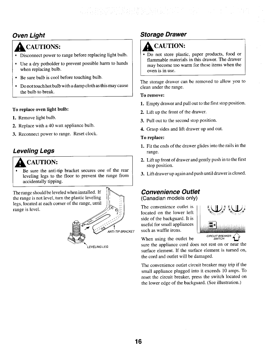 Maytag MER4530 warranty Oven Light Storage Drawer, Leveling Legs 