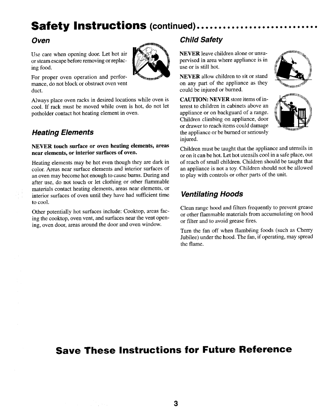 Maytag MER4530 warranty Safety Instructions, Oven Child Safety, Heating Elements, Ventilating Hoods 