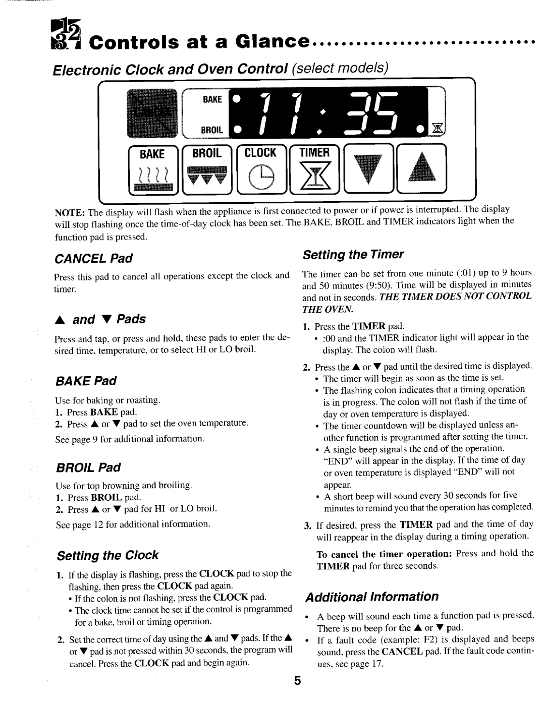 Maytag MER4530 warranty Controls at a Glance, Electronic Clock and Oven Control select models, Cancel Pad, V Pads 