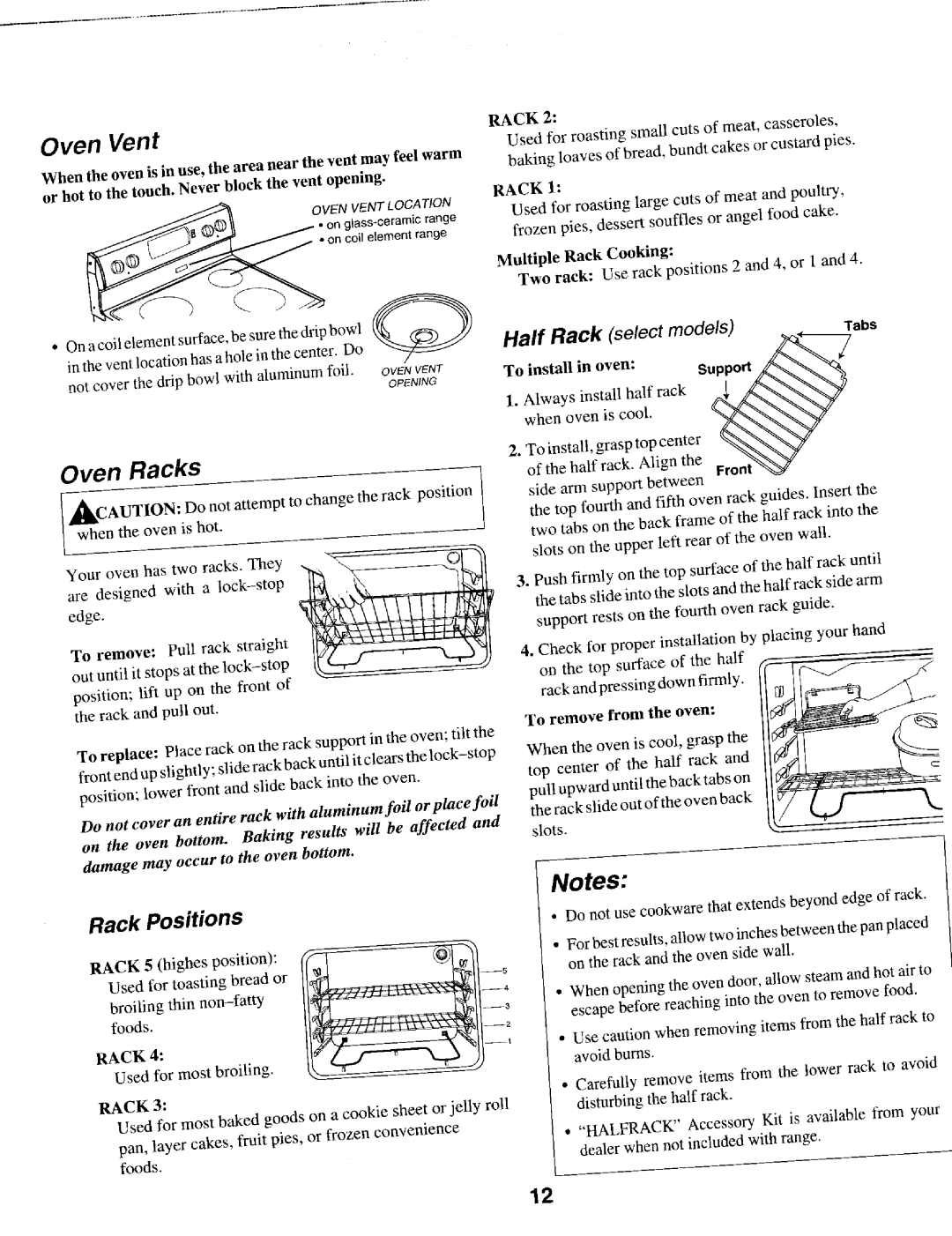 Maytag MER5750, MER5530, MER5550, MER5710, MER5730 Yen Racks, Oven Vent, Rack Positions, Half Rack select, To install in oven 