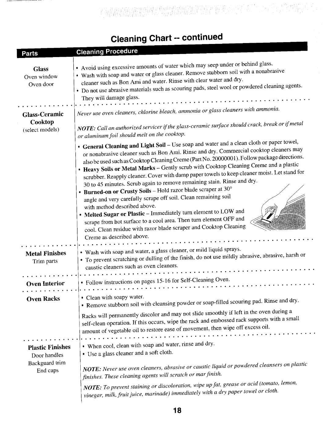 Maytag MER5730, MER5530, MER5550, MER5710 warranty Cleaning Chart, Finishes . These cleaning agents will scratch or mar finish 