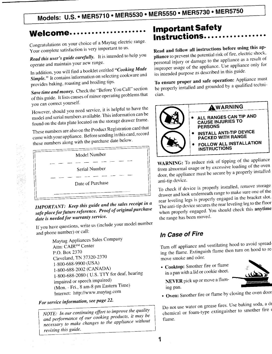 Maytag MER5710, MER5530, MER5550, MER5750, MER5730 warranty Case of Fire, For service information, see 