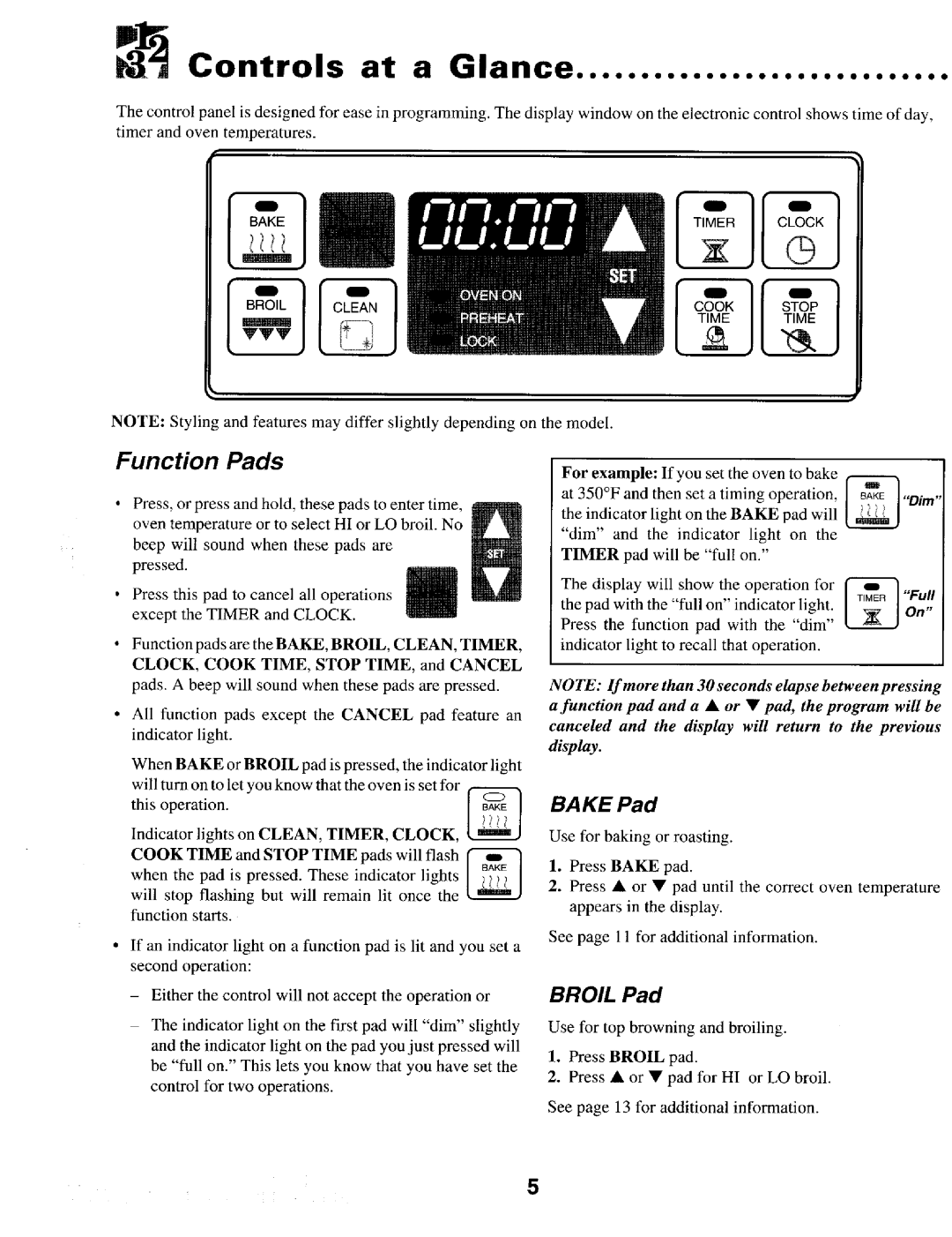 Maytag MER5550, MER5530, MER5710, MER5750, MER5730 warranty Controls at a Glance, Function Pads, Broil Pad, BAKEPad 