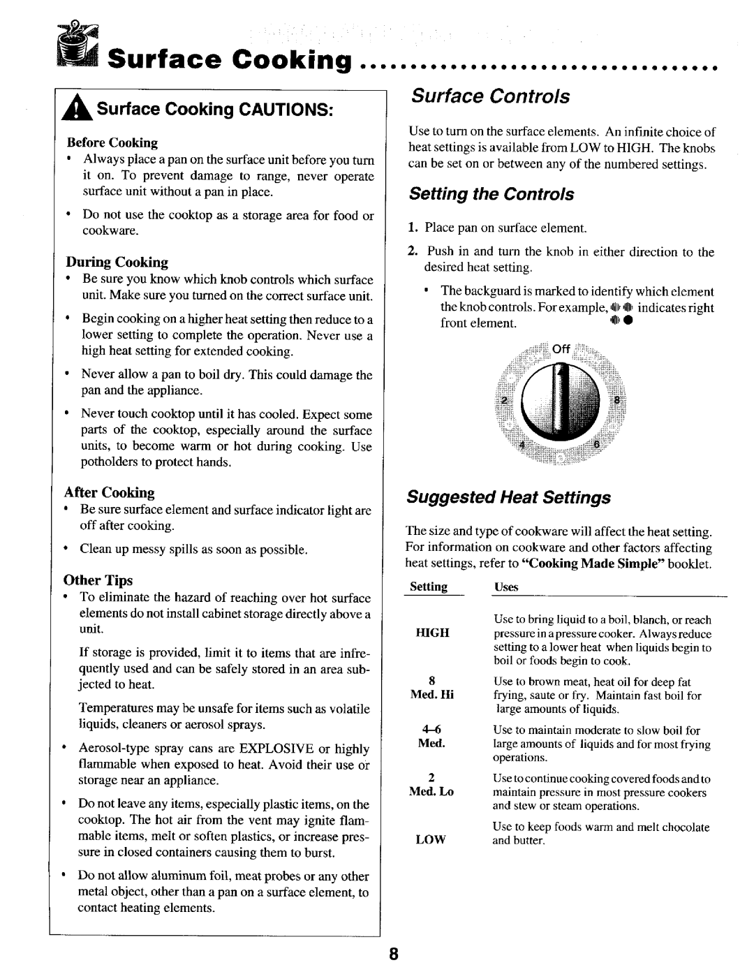 Maytag MER5730, MER5530, MER5550, MER5710 Surface Cooking, Surface Controls, Suggested Heat Settings, Setting the Controls 