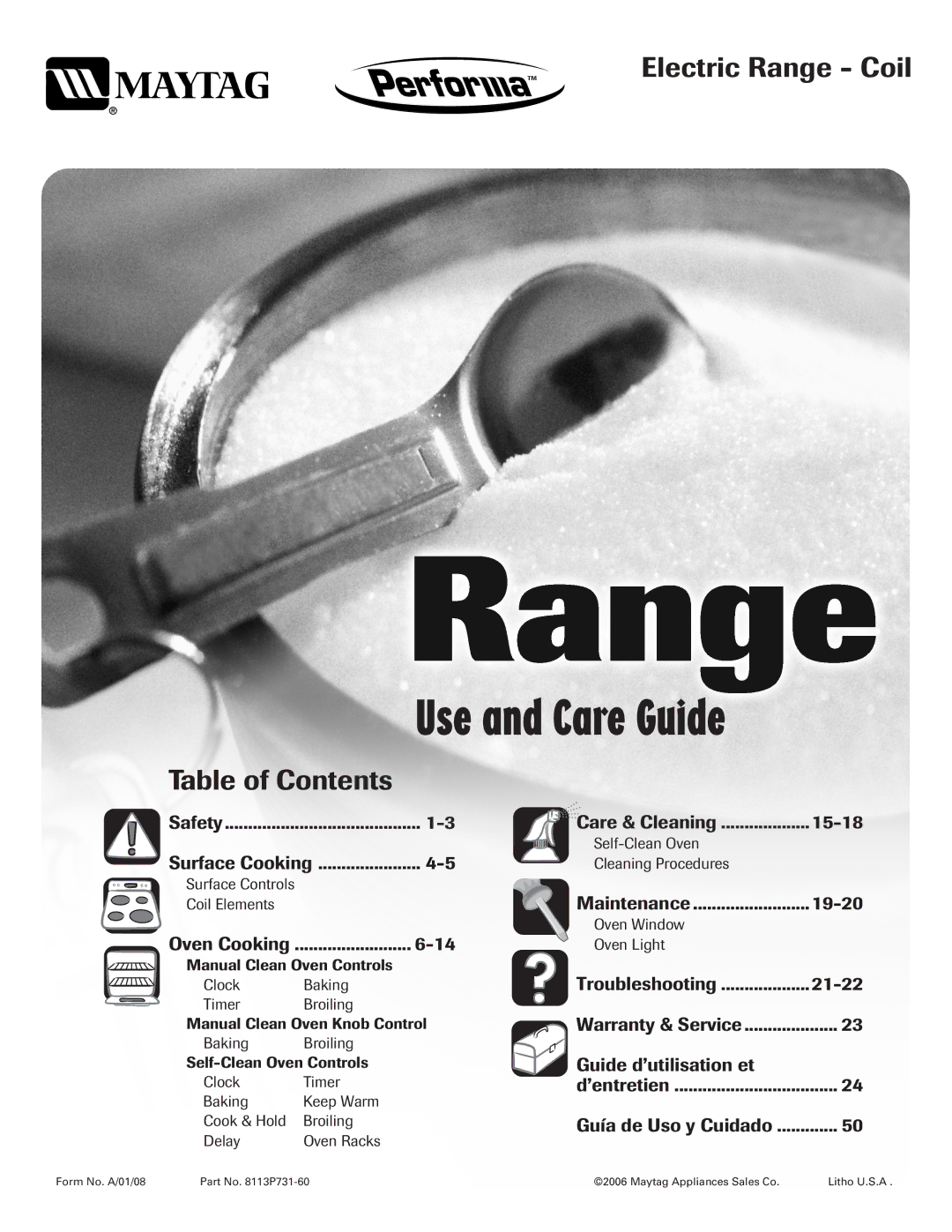 Maytag MER5552BAW warranty Use and Care Guide, Electric Range Coil, Table of Contents 