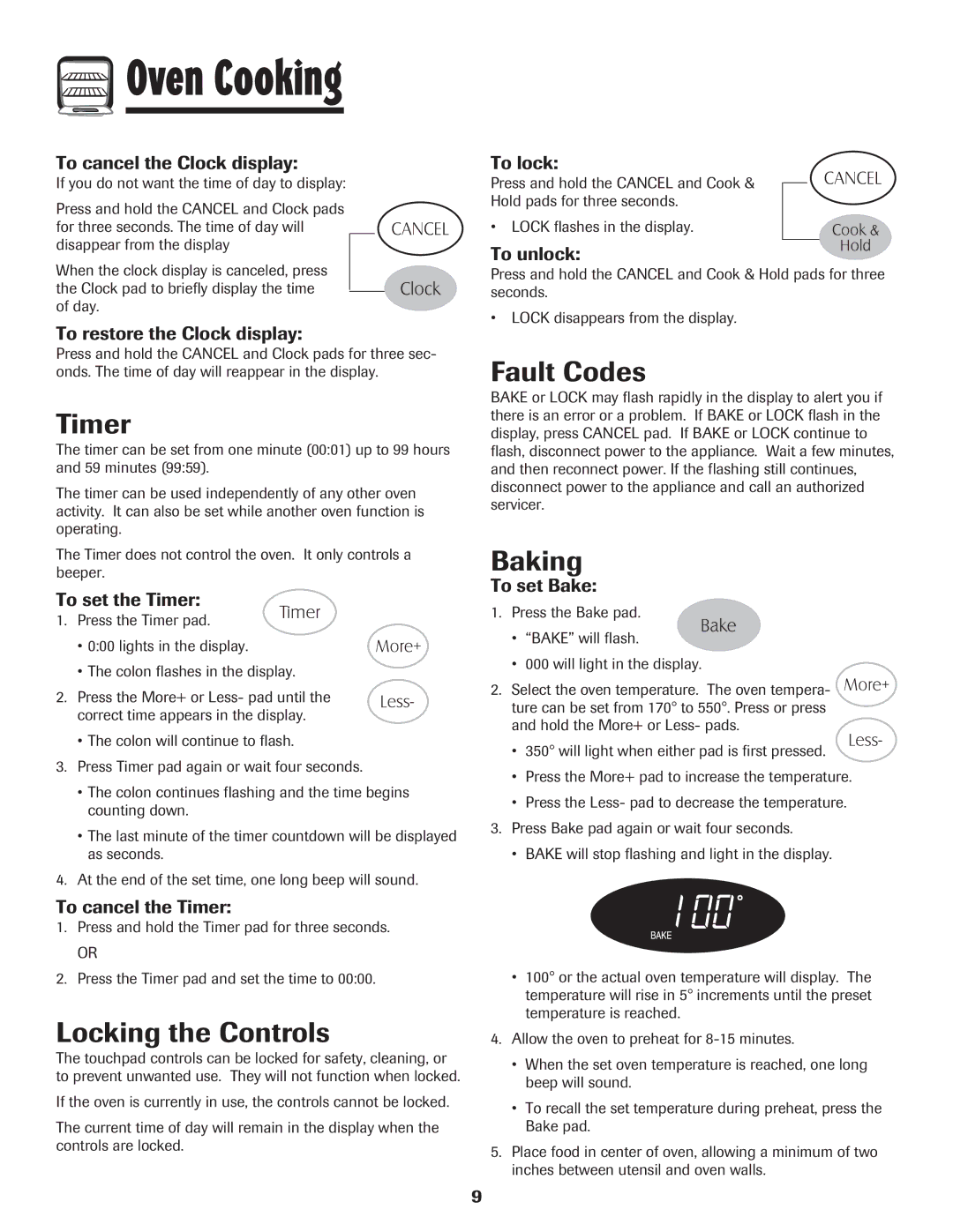 Maytag MER5552BAW warranty Timer, Locking the Controls, Fault Codes, Baking 