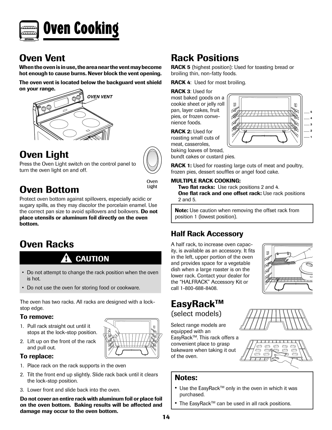 Maytag MER5552BAW warranty Oven Vent, Oven Light, Oven Bottom, Oven Racks, Rack Positions, EasyRackTM 