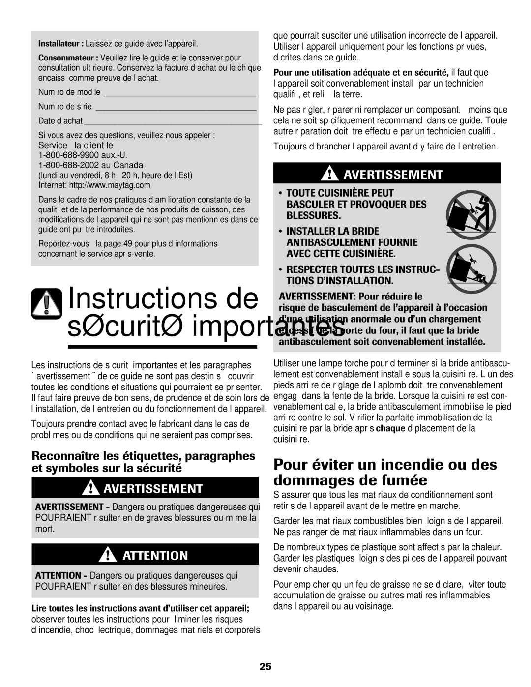 Maytag MER5552BAW warranty Pour éviter un incendie ou des dommages de fumée, Blessures, Avertissement Pour réduire le 