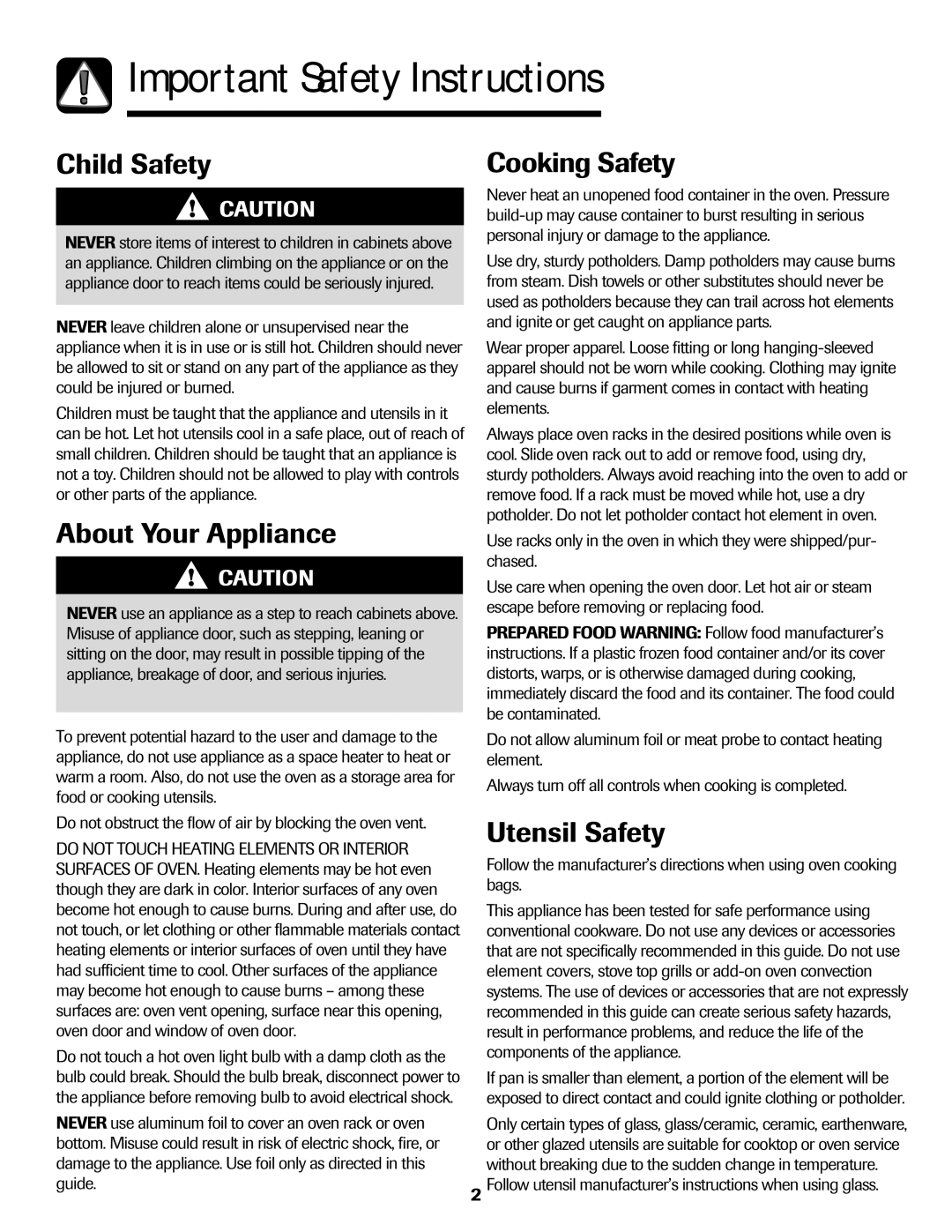 Maytag MER5552BAW Important Safety Instructions, Child Safety, About Your Appliance, Cooking Safety, Utensil Safety 