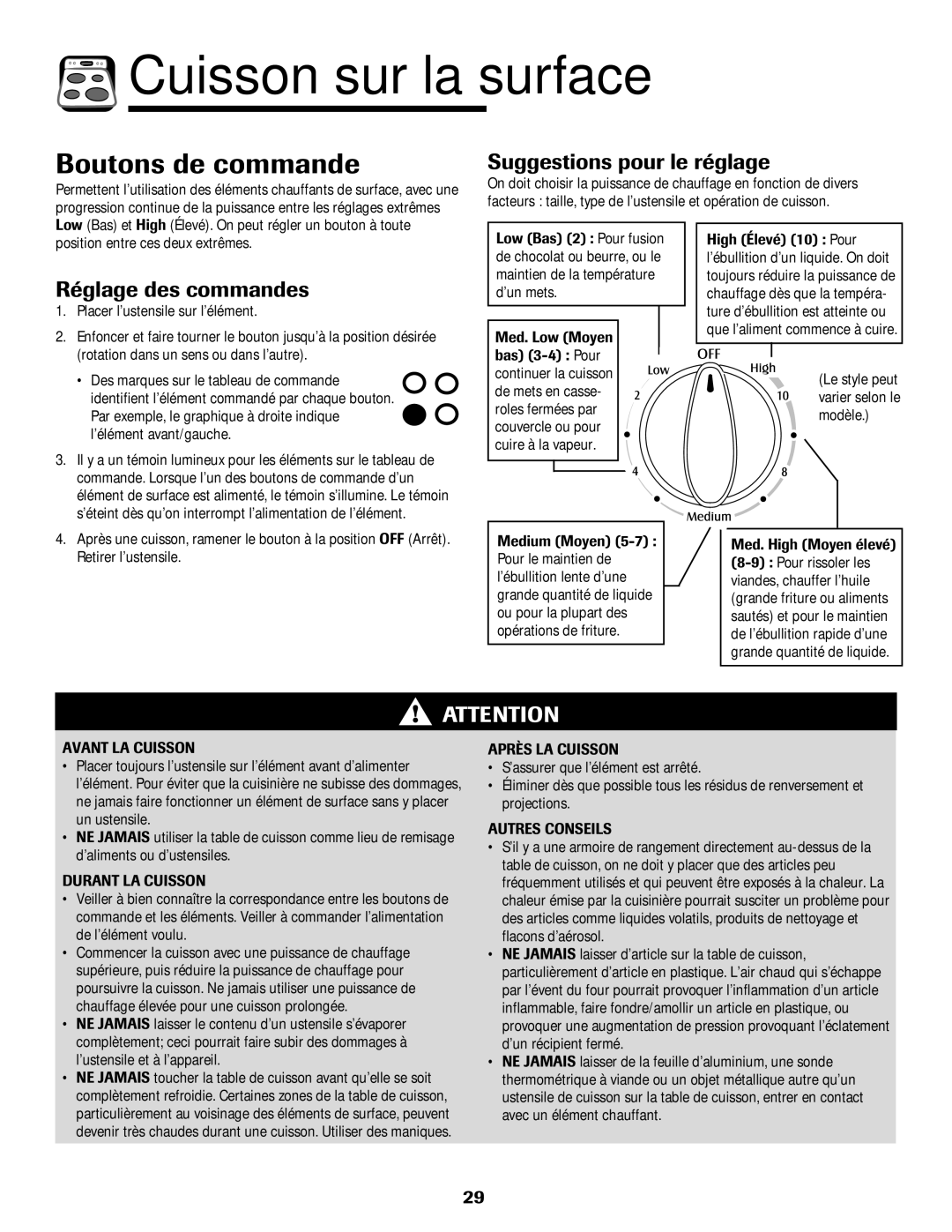 Maytag MER5552BAW warranty Cuisson sur la surface, Boutons de commande, Suggestions pour le réglage, Réglage des commandes 