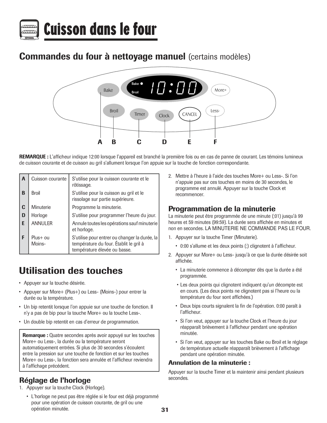 Maytag MER5552BAW Cuisson dans le four, Commandes du four à nettoyage manuel certains modèles, Utilisation des touches 