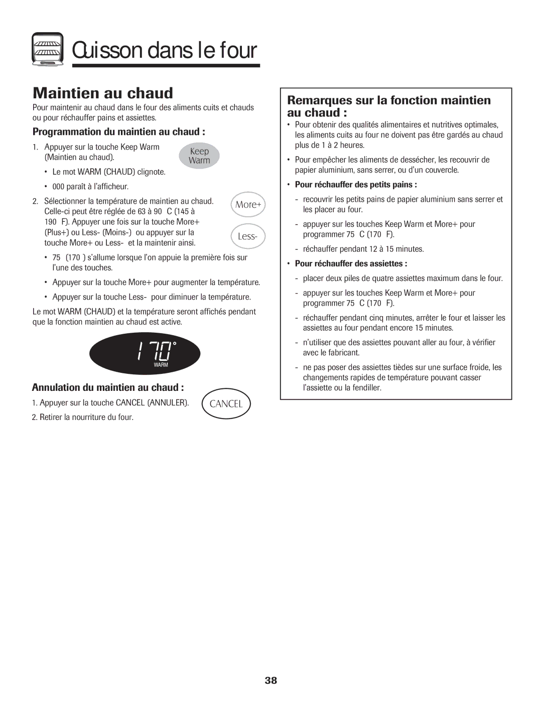 Maytag MER5552BAW Maintien au chaud, Remarques sur la fonction maintien au chaud, Programmation du maintien au chaud 