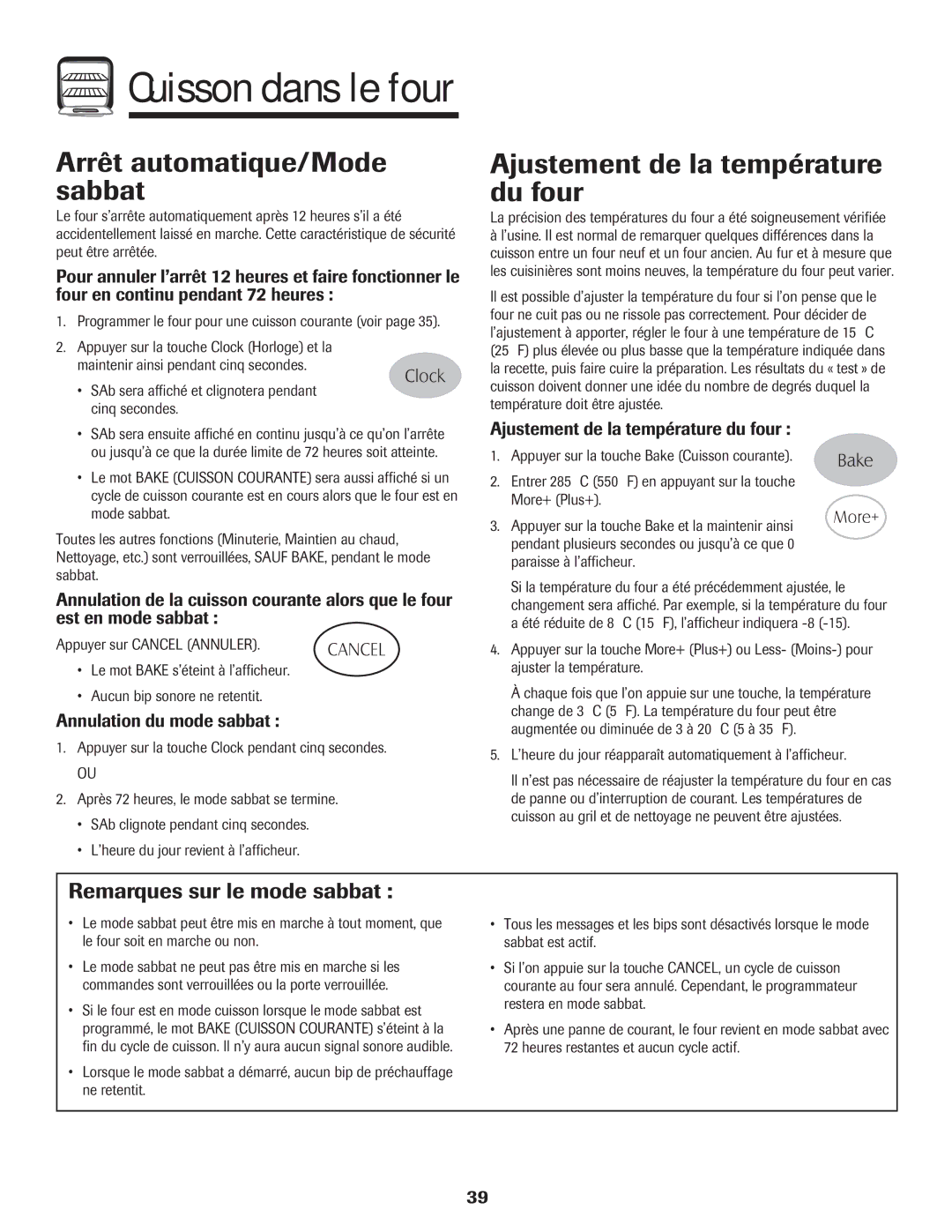 Maytag MER5552BAW Arrêt automatique/Mode sabbat, Ajustement de la température du four, Remarques sur le mode sabbat 