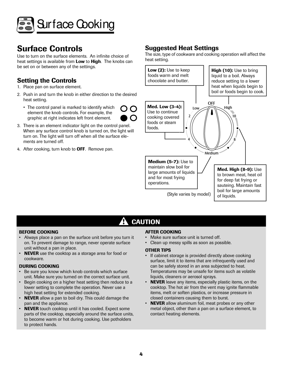 Maytag MER5552BAW warranty Surface Controls, Suggested Heat Settings, Setting the Controls 