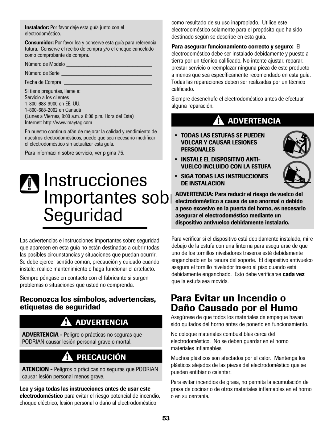 Maytag MER5552BAW warranty Para Evitar un Incendio o Daño Causado por el Humo, Fecha de Compra, En EE. UU En Canadá 