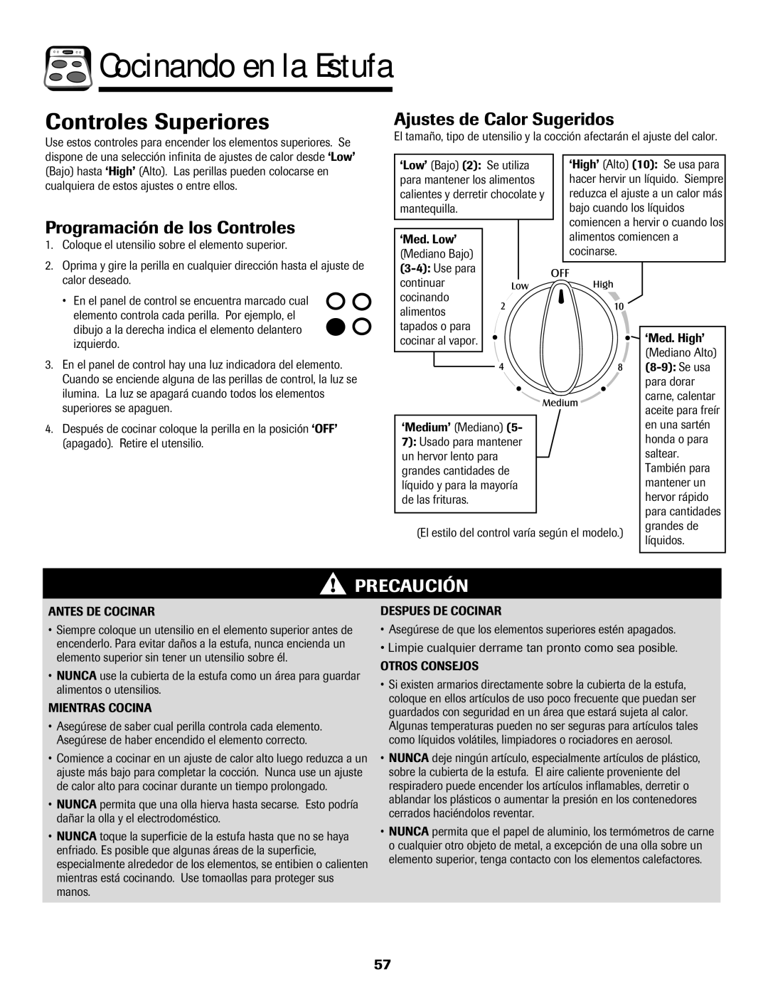 Maytag MER5552BAW Cocinando en la Estufa, Controles Superiores, Programación de los Controles, Ajustes de Calor Sugeridos 