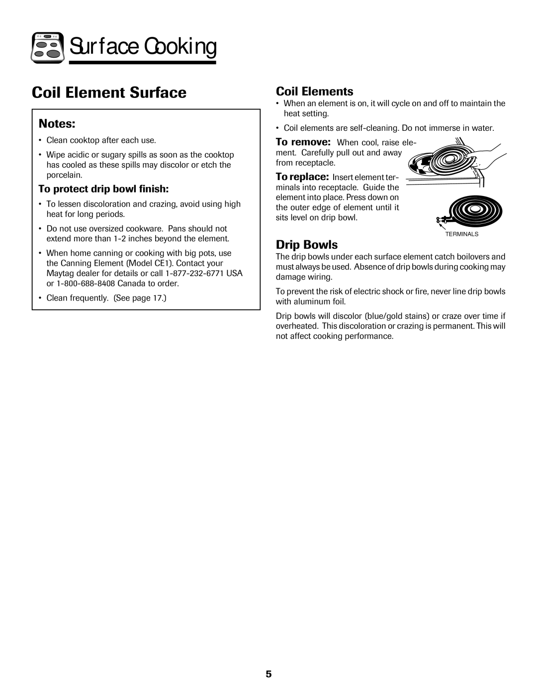 Maytag MER5552BAW warranty Coil Element Surface, Coil Elements, Drip Bowls, To protect drip bowl finish 