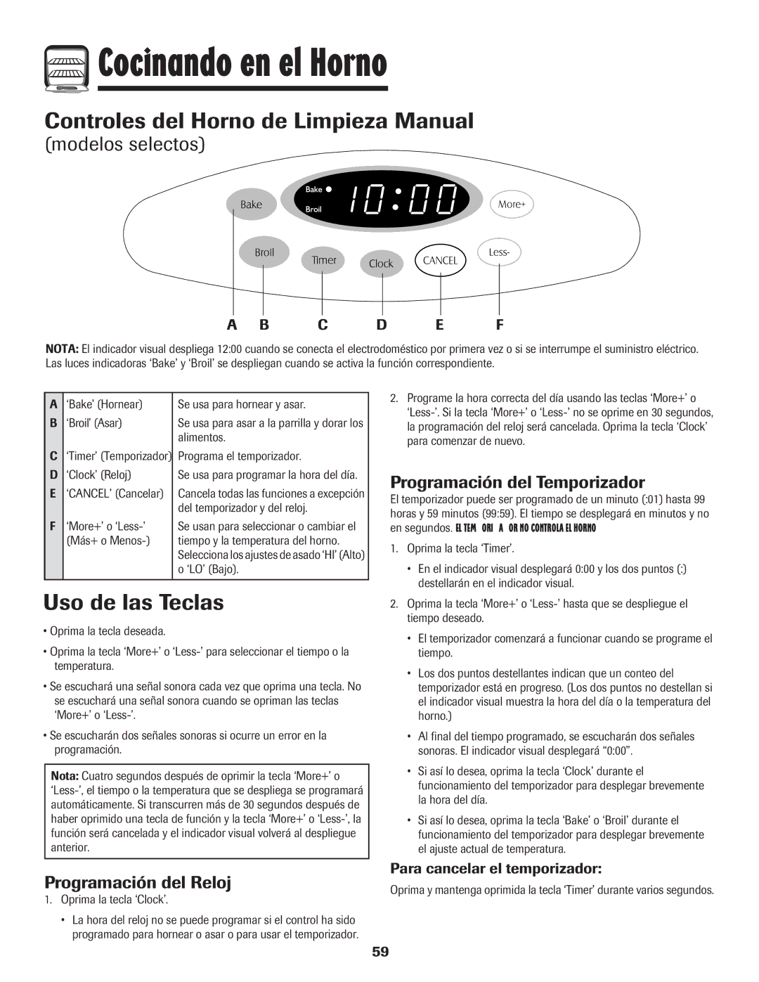 Maytag MER5552BAW Cocinando en el Horno, Controles del Horno de Limpieza Manual, Uso de las Teclas, Programación del Reloj 