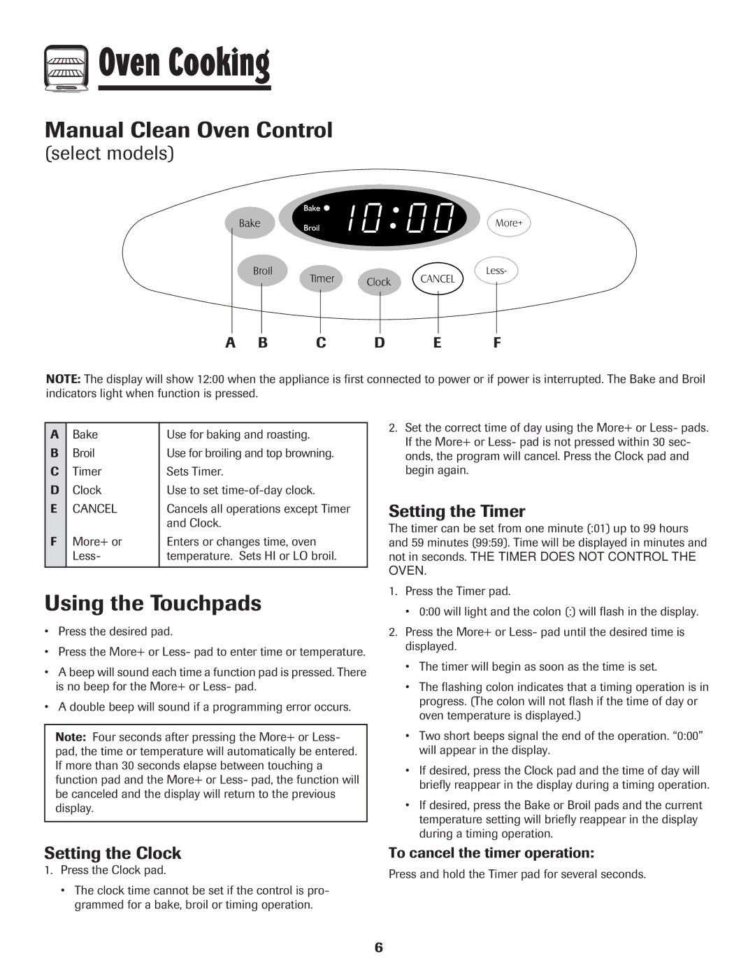 Maytag MER5552BAW Oven Cooking, Manual Clean Oven Control, Using the Touchpads, Setting the Timer, Setting the Clock 