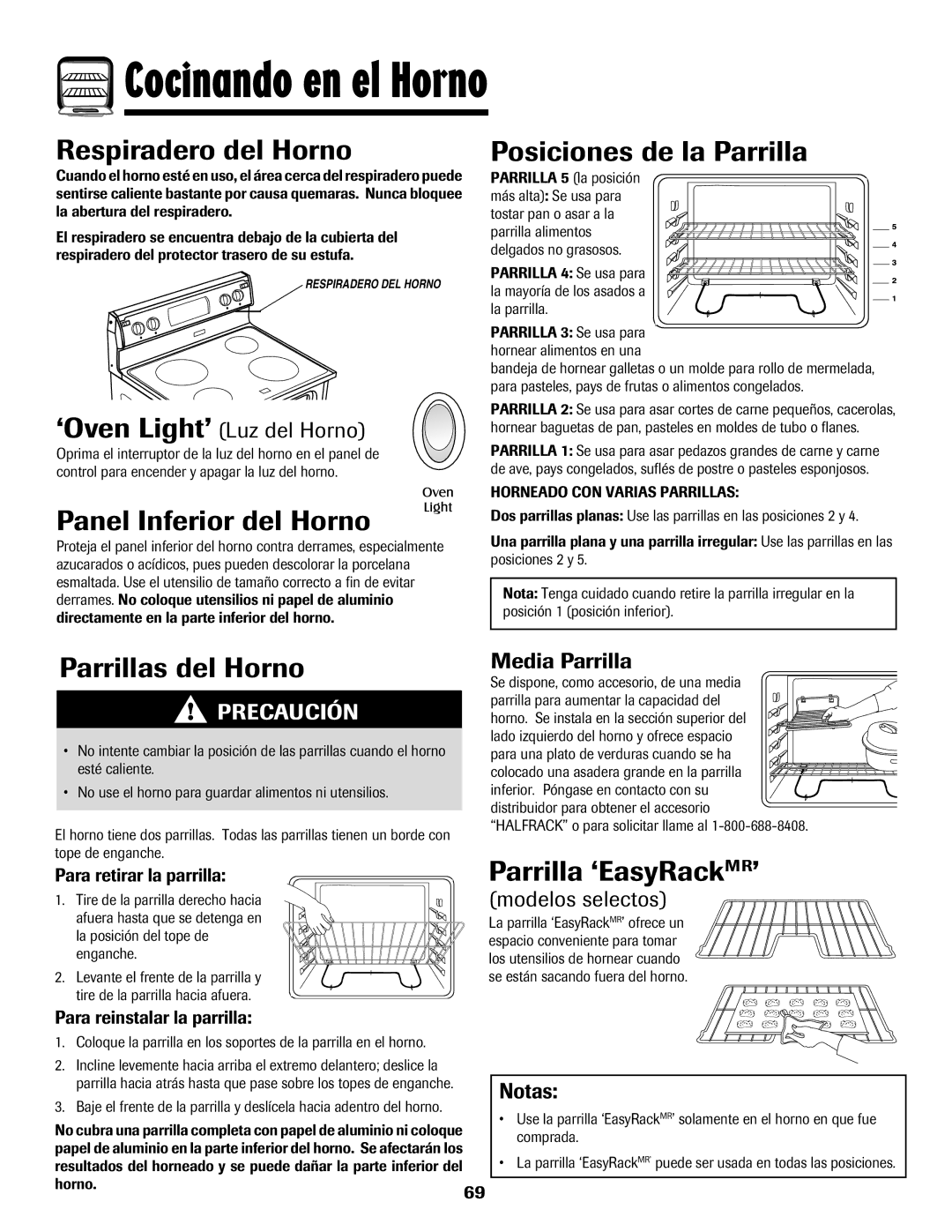 Maytag MER5552BAW warranty Respiradero del Horno, Panel Inferior del Horno Posiciones de la Parrilla, Parrillas del Horno 