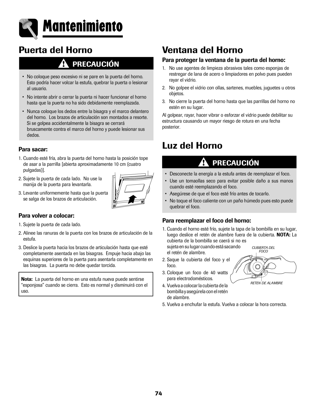 Maytag MER5552BAW warranty Mantenimiento, Puerta del Horno, Ventana del Horno, Luz del Horno 