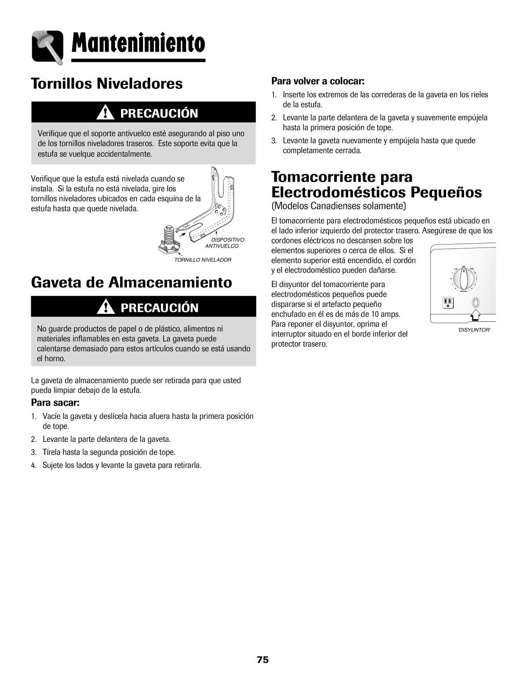 Maytag MER5552BAW warranty Tornillos Niveladores, Tomacorriente para Electrodomésticos Pequeños, Gaveta de Almacenamiento 