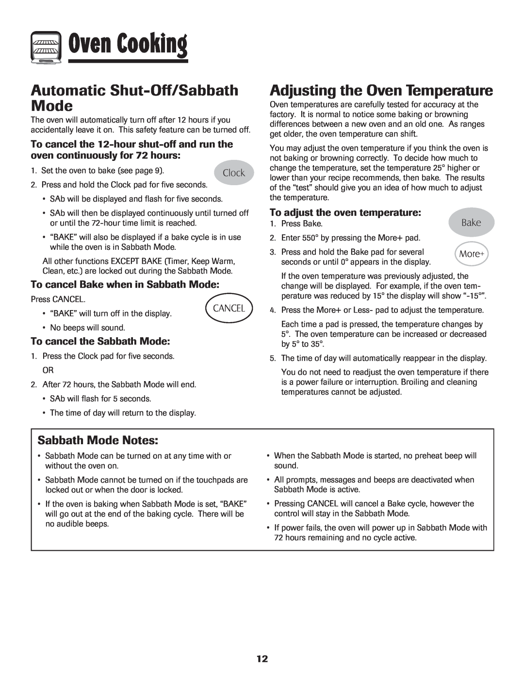Maytag MER5552BAW Automatic Shut-Off/Sabbath Mode, Adjusting the Oven Temperature, Sabbath Mode Notes, Oven Cooking 