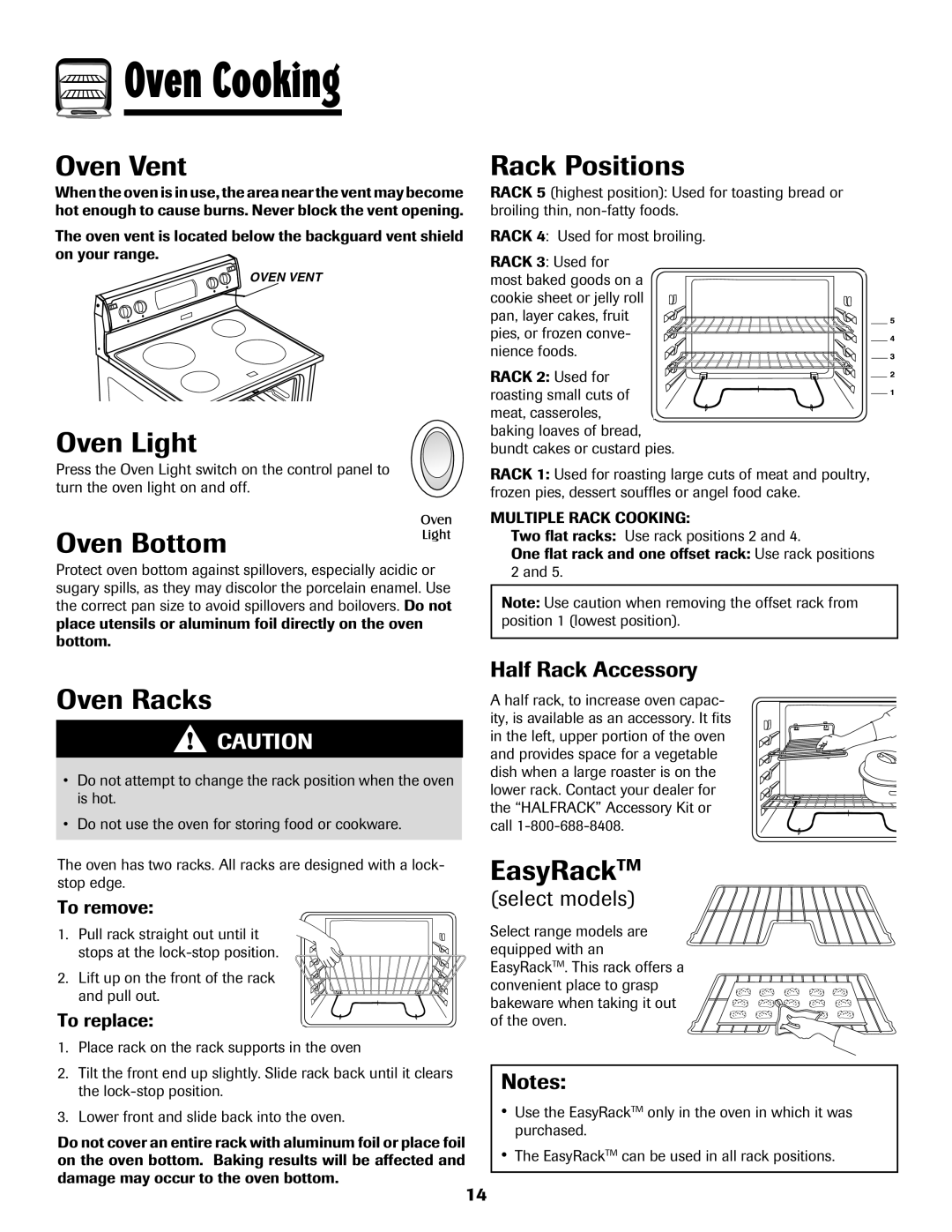 Maytag MER5552BAW warranty Oven Vent, Oven Light, Oven Bottom, Oven Racks, Rack Positions, EasyRackTM, Half Rack Accessory 