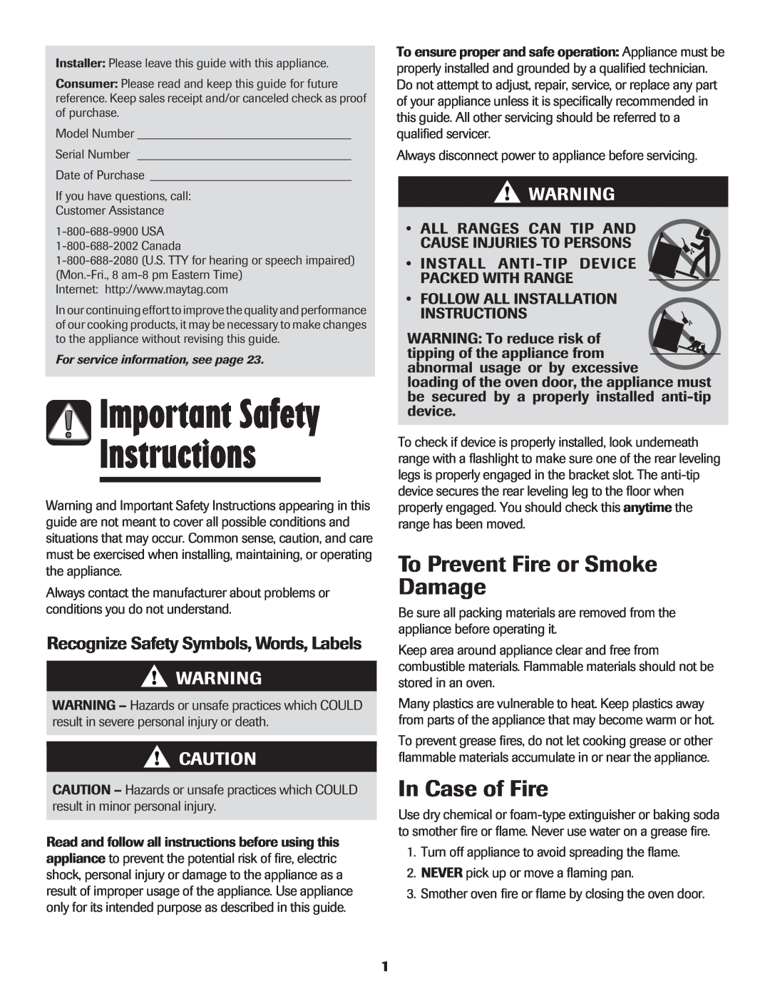 Maytag MER5552BAW warranty Instructions, Important Safety, To Prevent Fire or Smoke Damage, In Case of Fire 