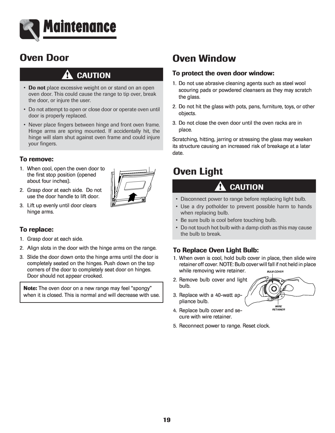 Maytag MER5552BAW warranty Maintenance, Oven Door, Oven Window, To protect the oven door window, To Replace Oven Light Bulb 