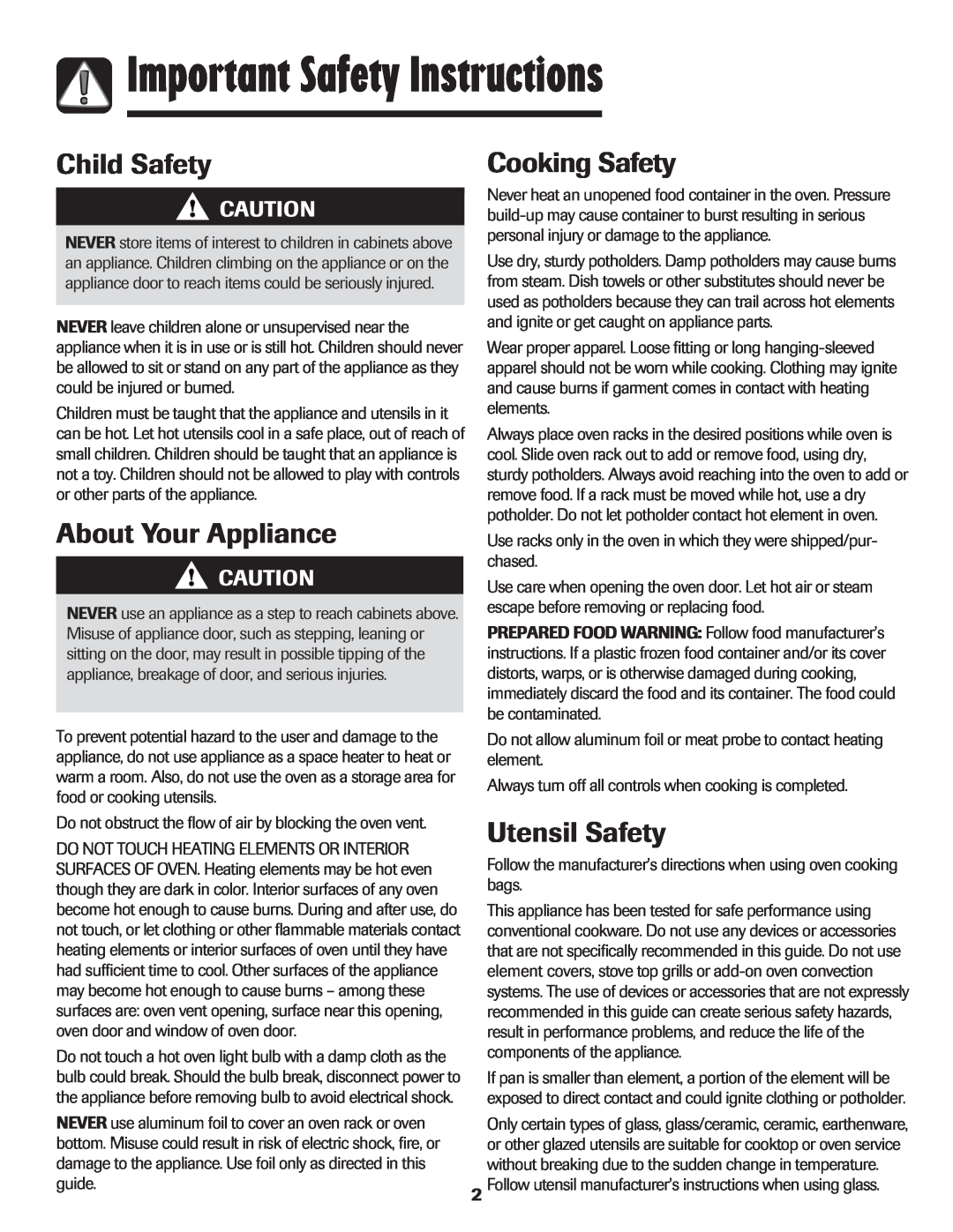 Maytag MER5552BAW Important Safety Instructions, Child Safety, About Your Appliance, Cooking Safety, Utensil Safety 