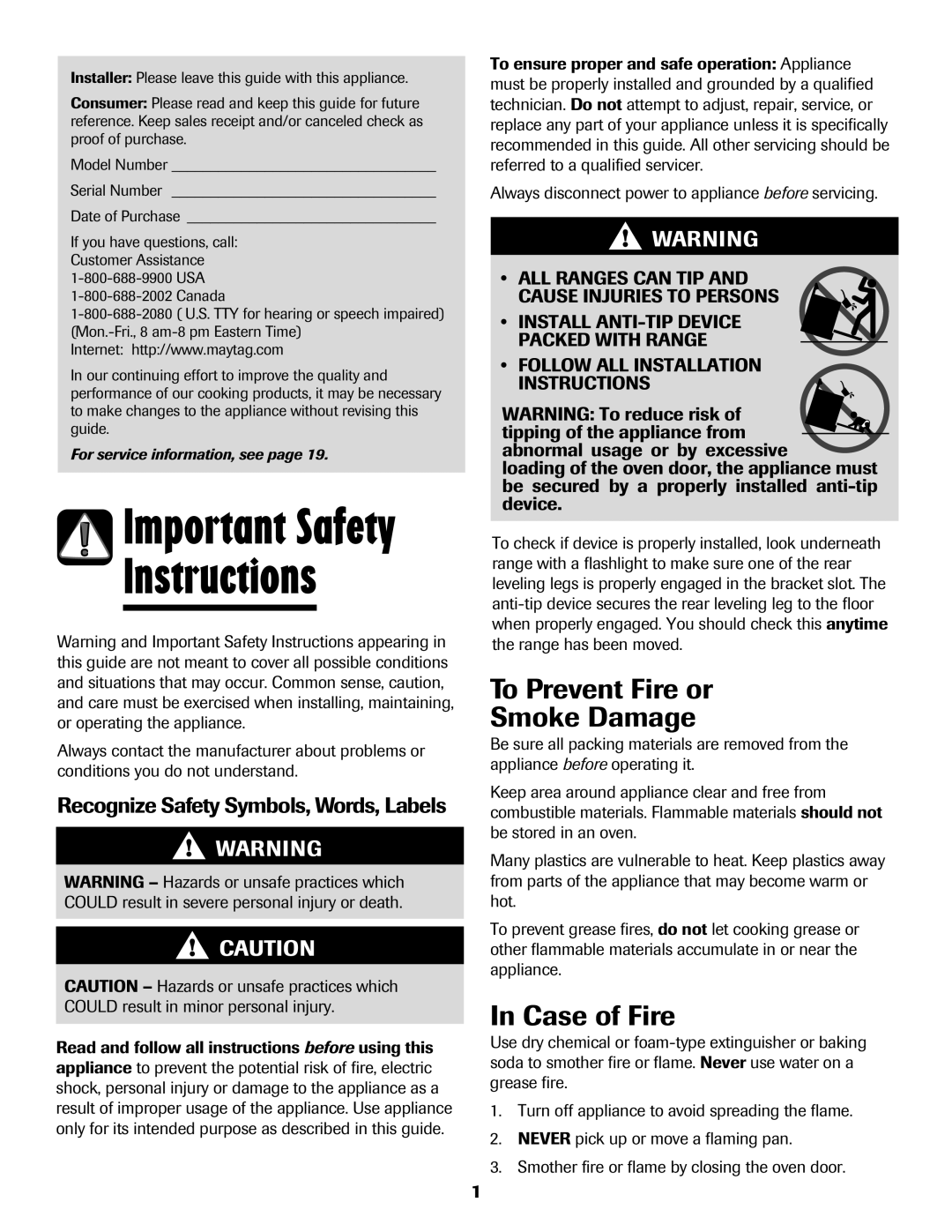 Maytag MER5765RAW Instructions, To Prevent Fire or Smoke Damage, Case of Fire, Recognize Safety Symbols, Words, Labels 