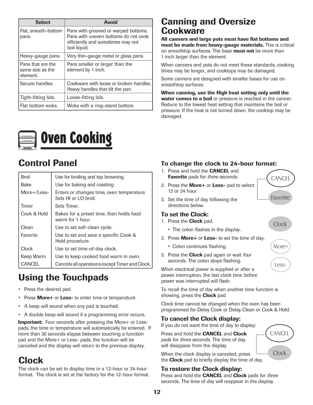 Maytag MER5775RAW Oven Cooking, Canning and Oversize Cookware, Control Panel, Using the Touchpads, Clock 