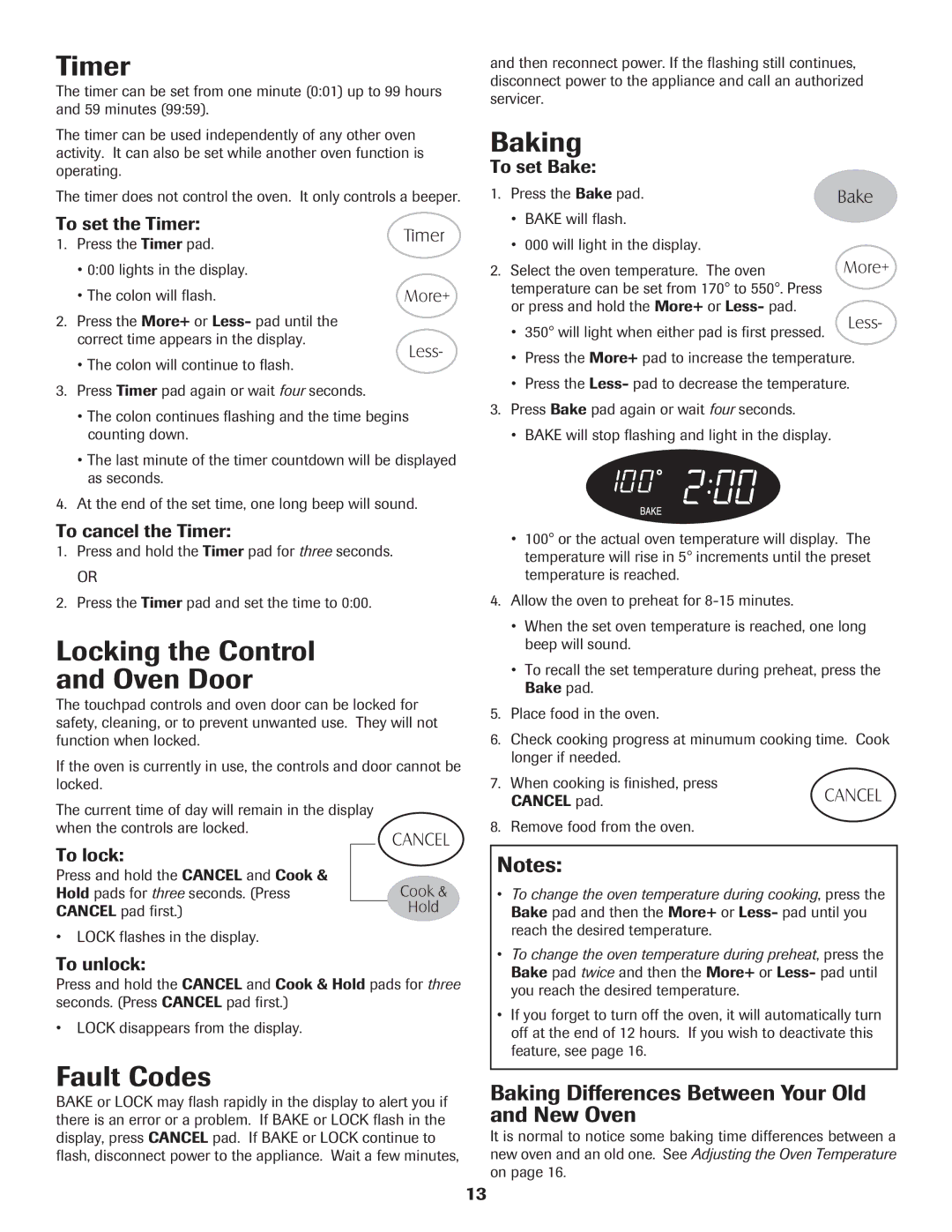 Maytag MER5775RAW important safety instructions Timer, Locking the Control Oven Door, Fault Codes, Baking 