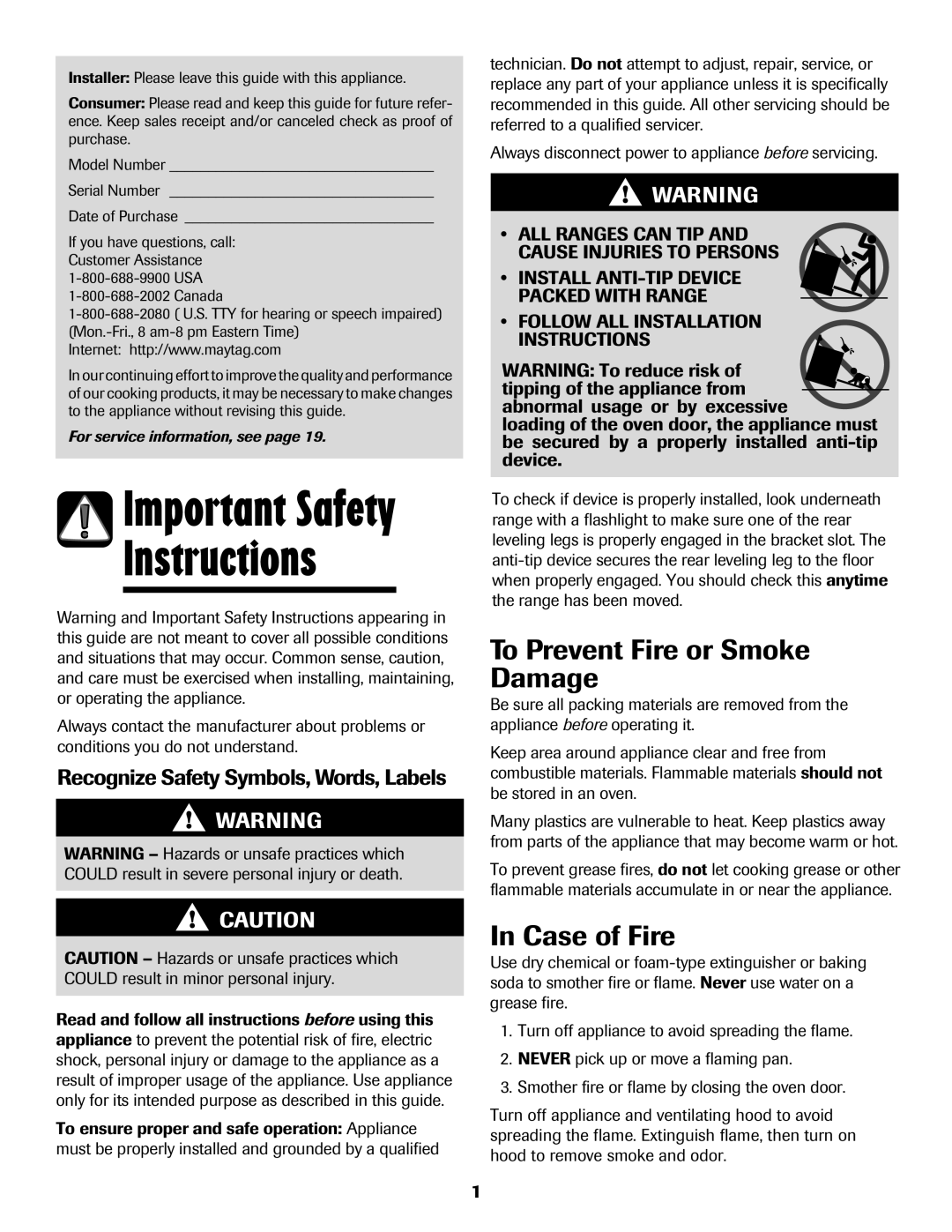 Maytag MER5775RAW Instructions, To Prevent Fire or Smoke Damage, Case of Fire, Recognize Safety Symbols, Words, Labels 