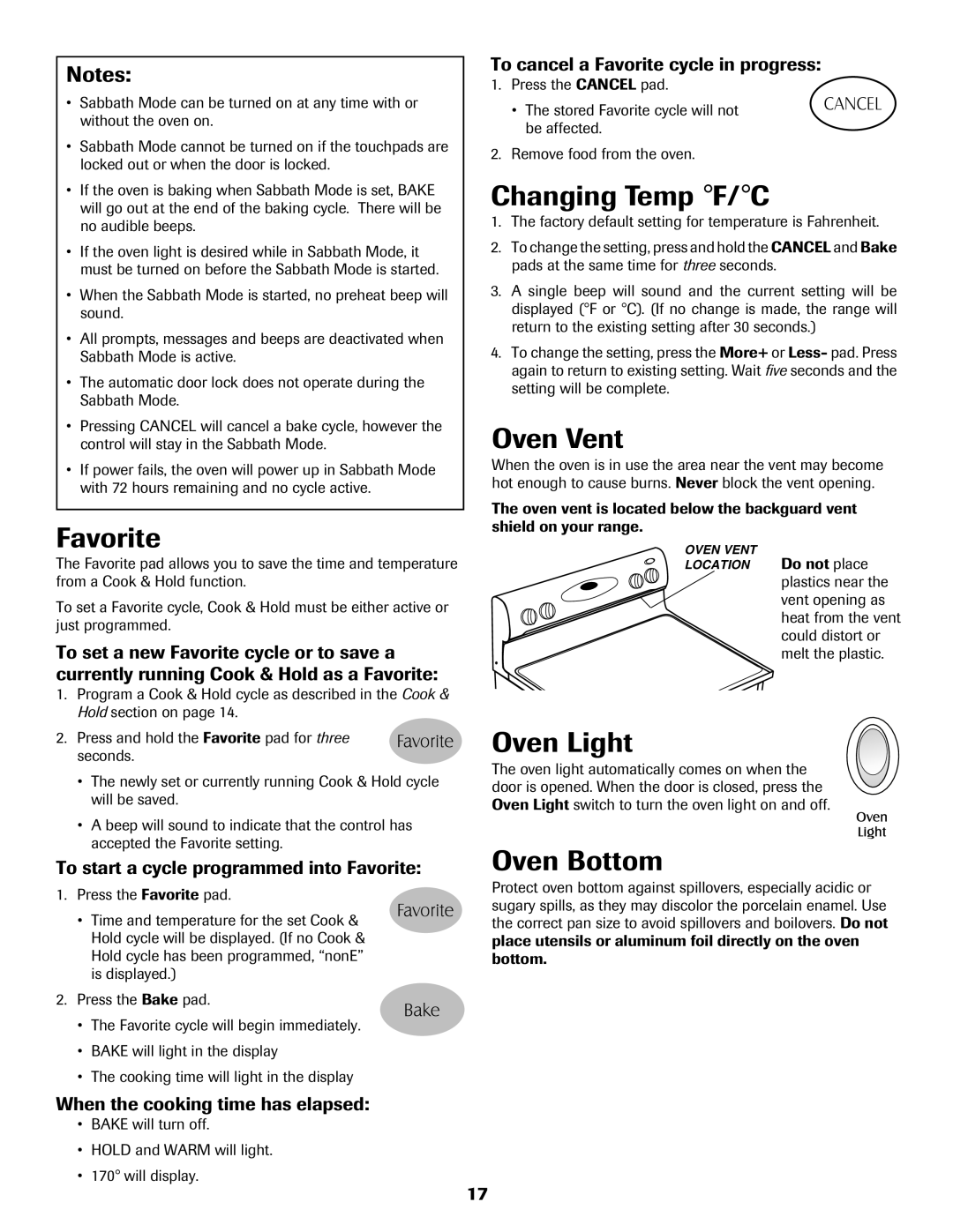 Maytag MER5775RAW Changing Temp F/C, Oven Vent, Oven Bottom, To start a cycle programmed into Favorite, Oven Light 