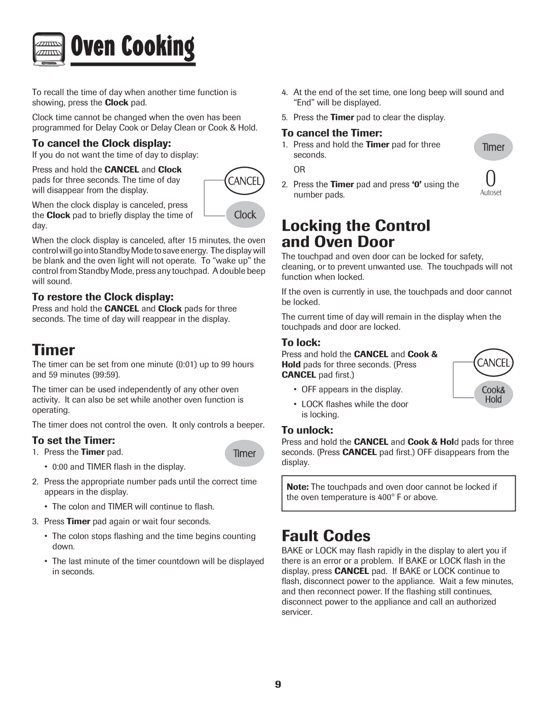 Maytag MER5875RAF manual Timer, Locking the Control Oven Door, Fault Codes 