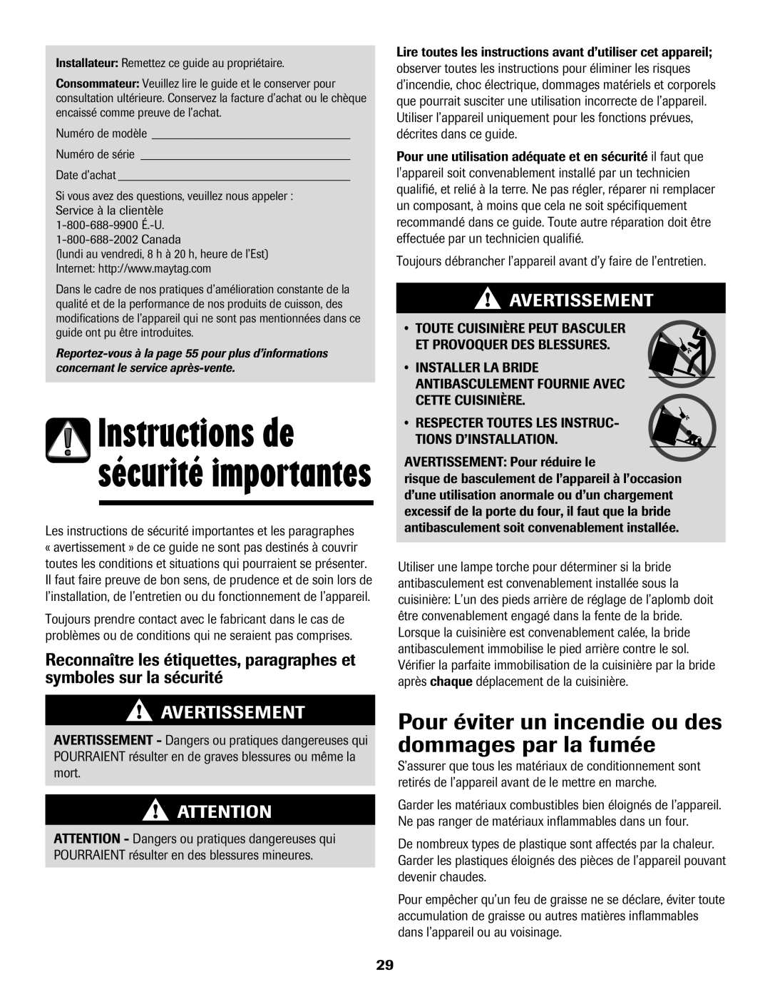 Maytag MER5875RAF manual Pour éviter un incendie ou des dommages par la fumée 