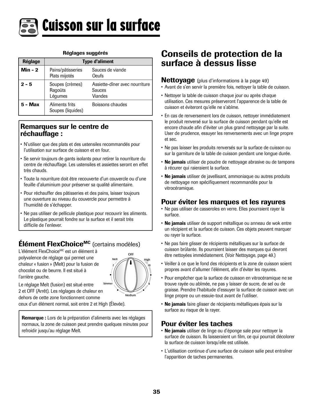 Maytag MER5875RAF manual Conseils de protection de la surface à dessus lisse, Remarques sur le centre de réchauffage 