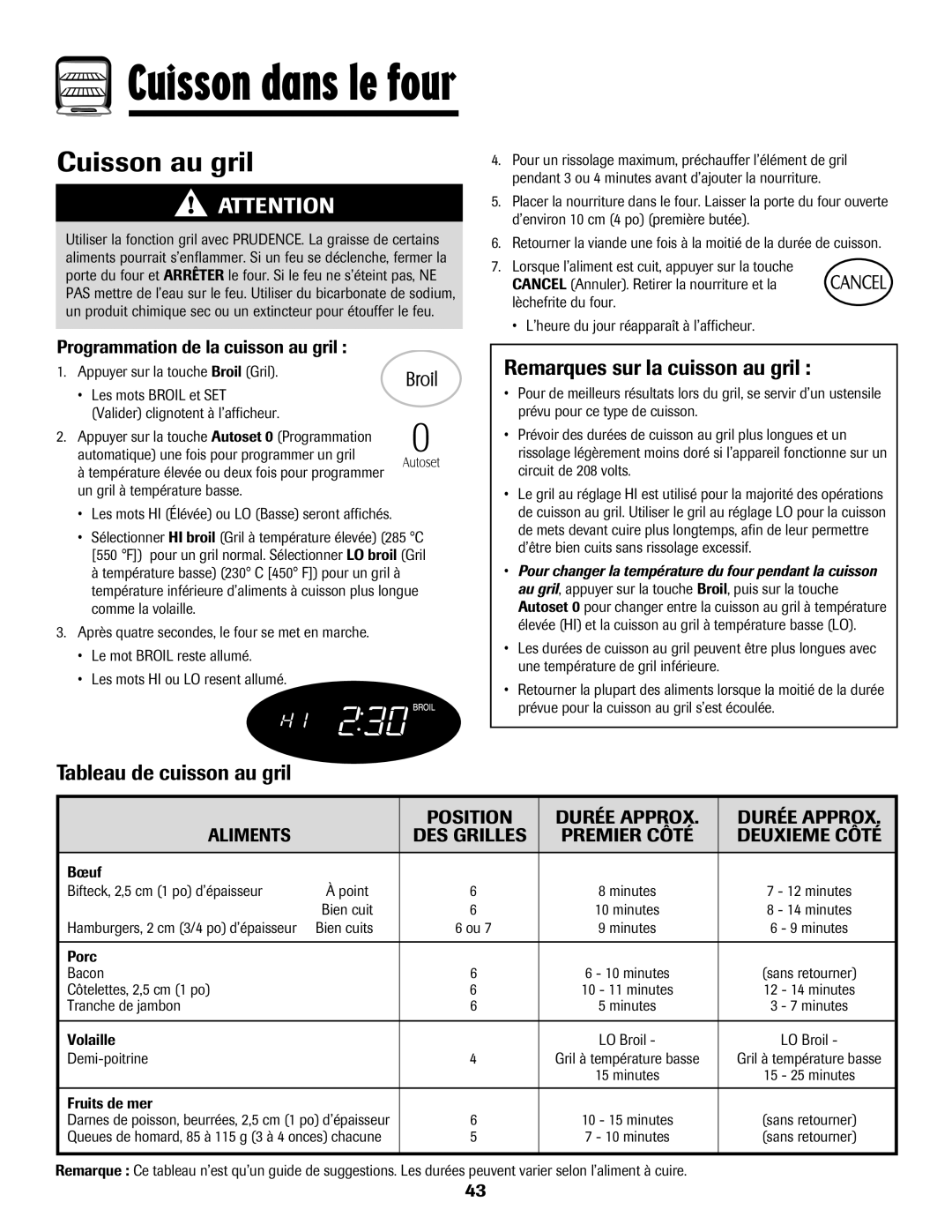 Maytag MER5875RAF manual Cuisson au gril, Remarques sur la cuisson au gril, Tableau de cuisson au gril 